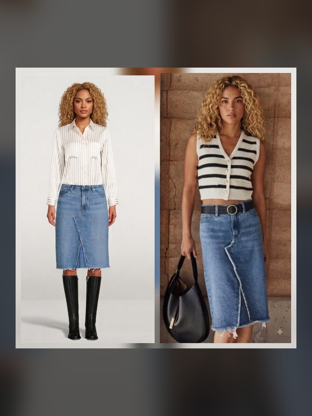 Classic Blue Denim Midi Skirt - Frayed Hem